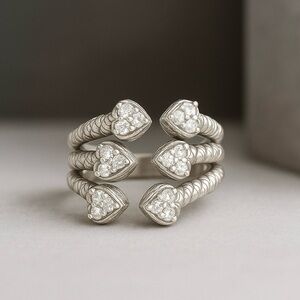 Judith Ripka 925 Sterling Silver Diamonique Triple Heart Bypass Ring 6.75